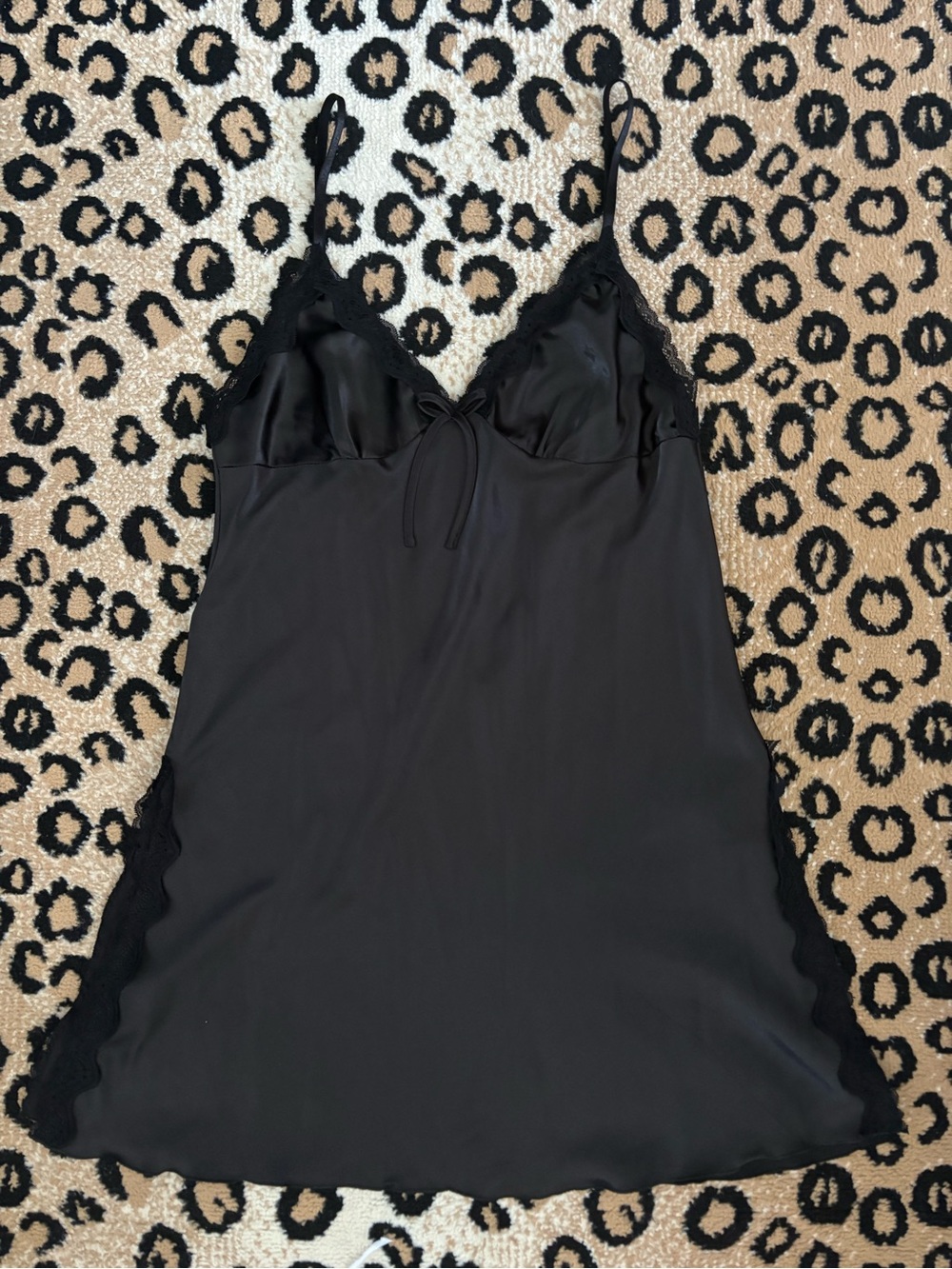 Y2K Black Lace Trim Bow Satin Slip Mini Dress